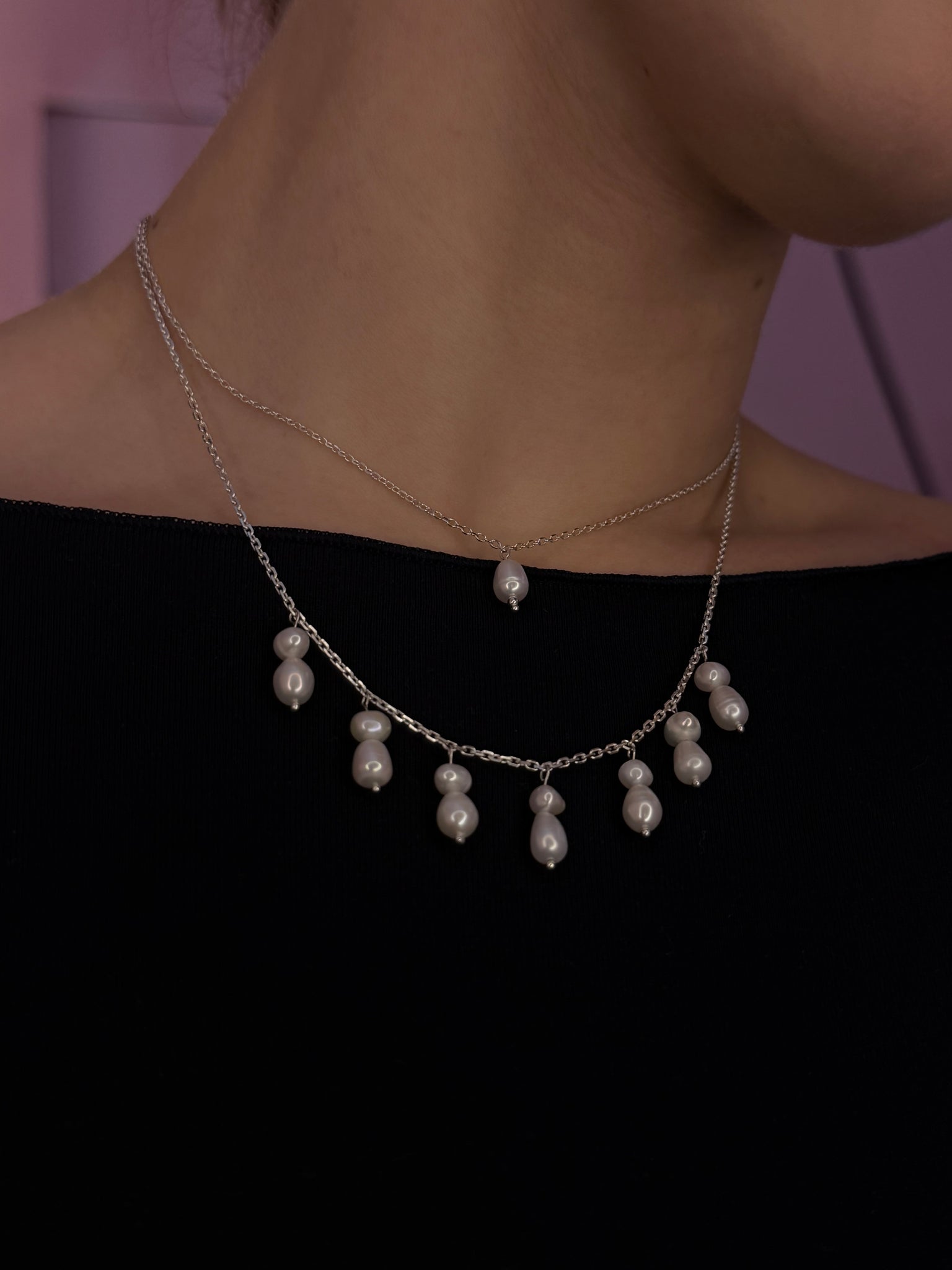 Кольє подвійне з каскадом перлин