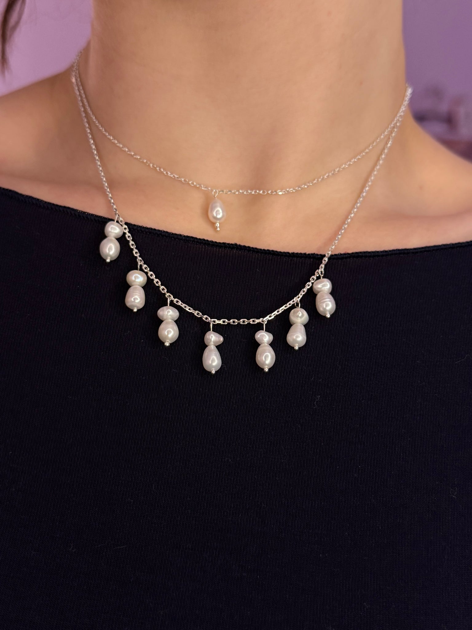 Кольє подвійне з каскадом перлин